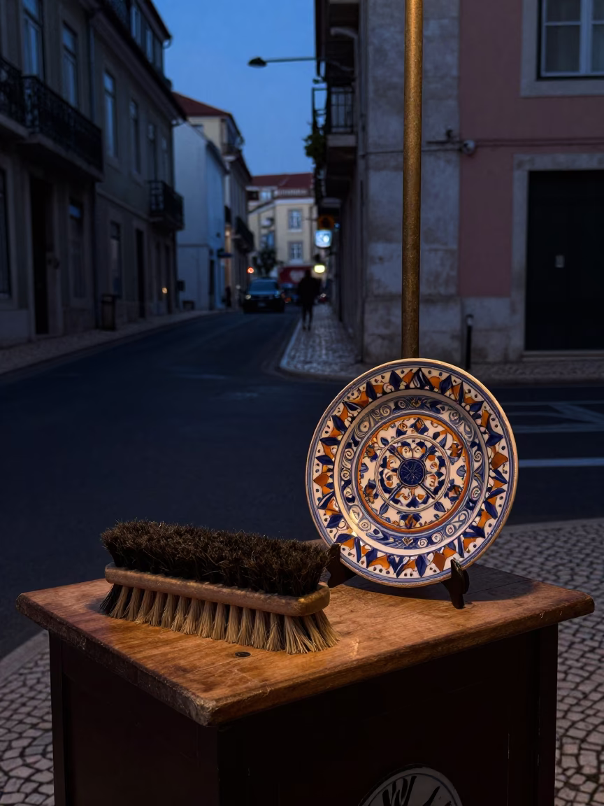 Lisbon Portugal predawn street scene with shoe brush and vintage majolica plate in in Lisbon, Portugal