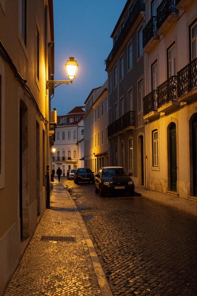 Lisbon Portugal predawn street scene with vintage 1970s aesthetics and local details in in Lisbon, Portugal