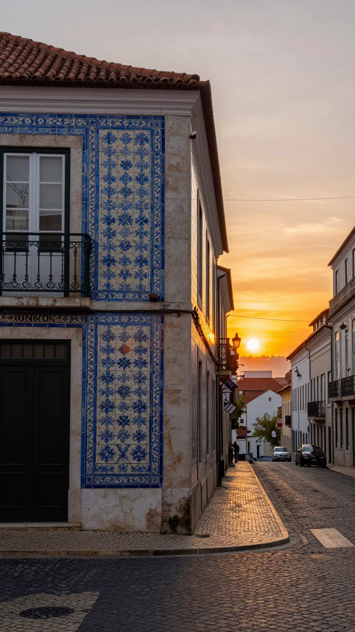 Lisbon Portugal street scene at sunset with traditional azulejo tiles and local architecture in in Lisbon, Portugal