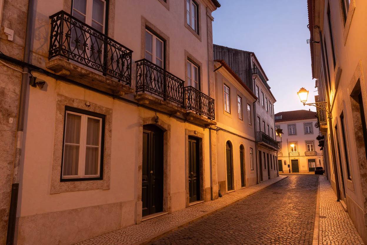 Lisbon Portugal Street Scene Before Dusk with Iron Balconies and Cobblestone Alley in in Lisbon, Portugal