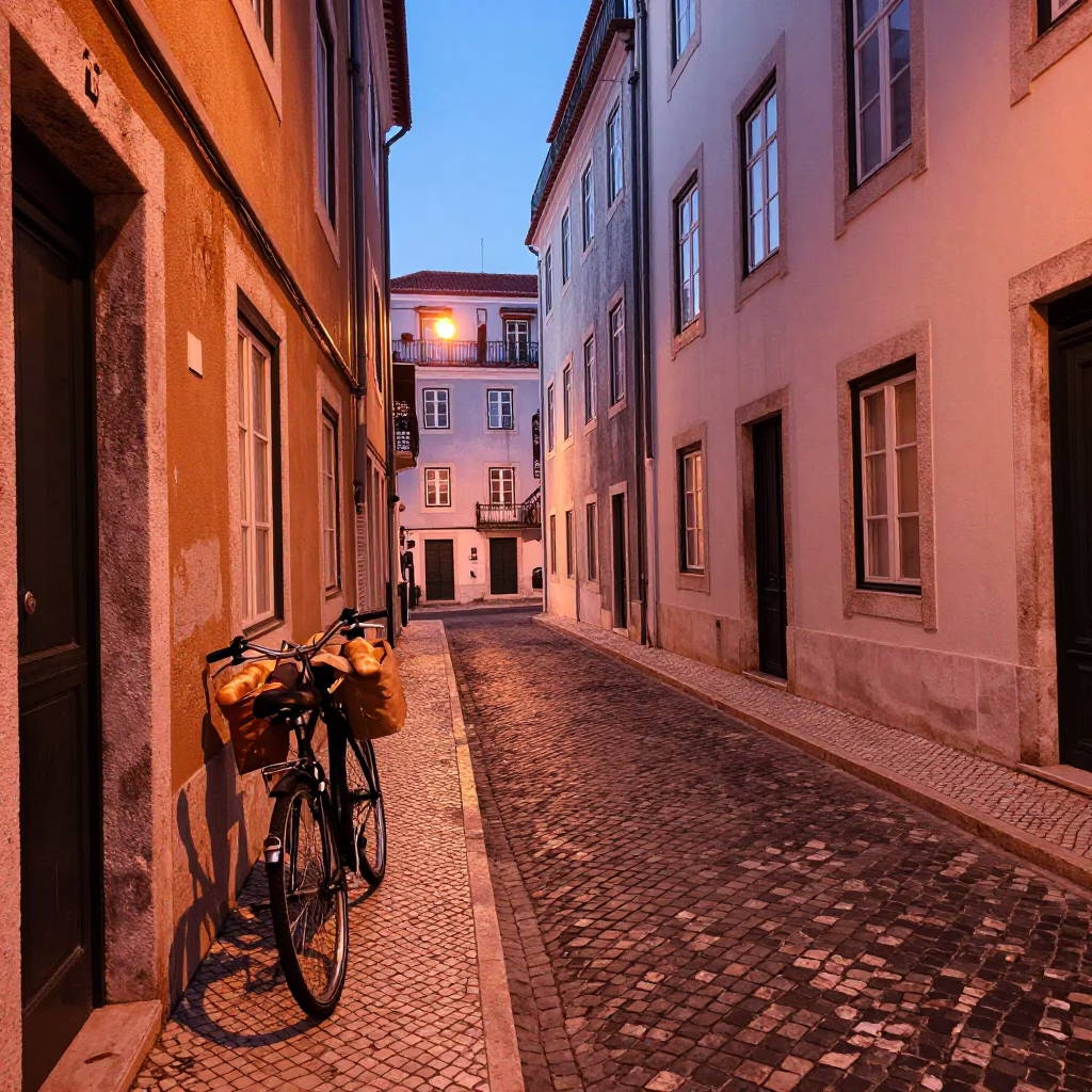 Lisbon Portugal Street Scene in Copper Dusk Light with Bicycle and Glass in in Lisbon, Portugal