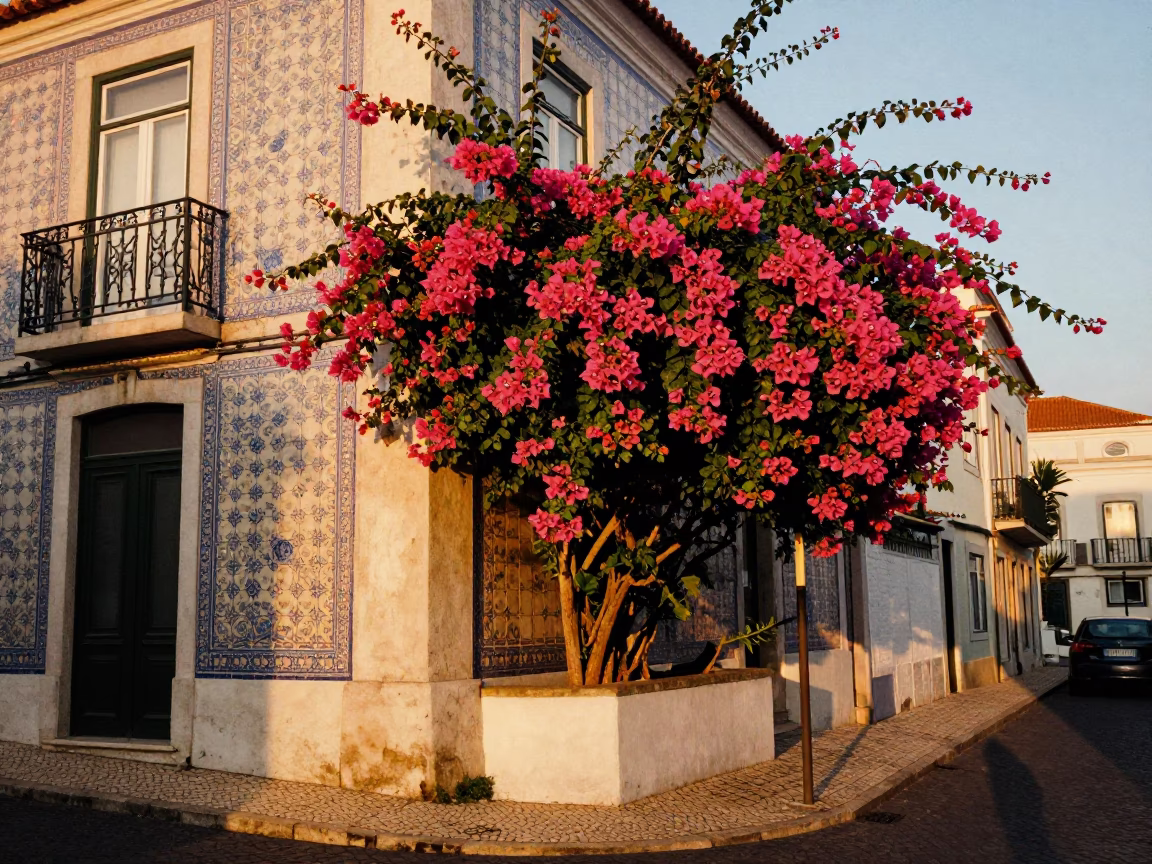 Lisbon Portugal street scene with bougainvillea and historic tiles in evening light in in Lisbon, Portugal