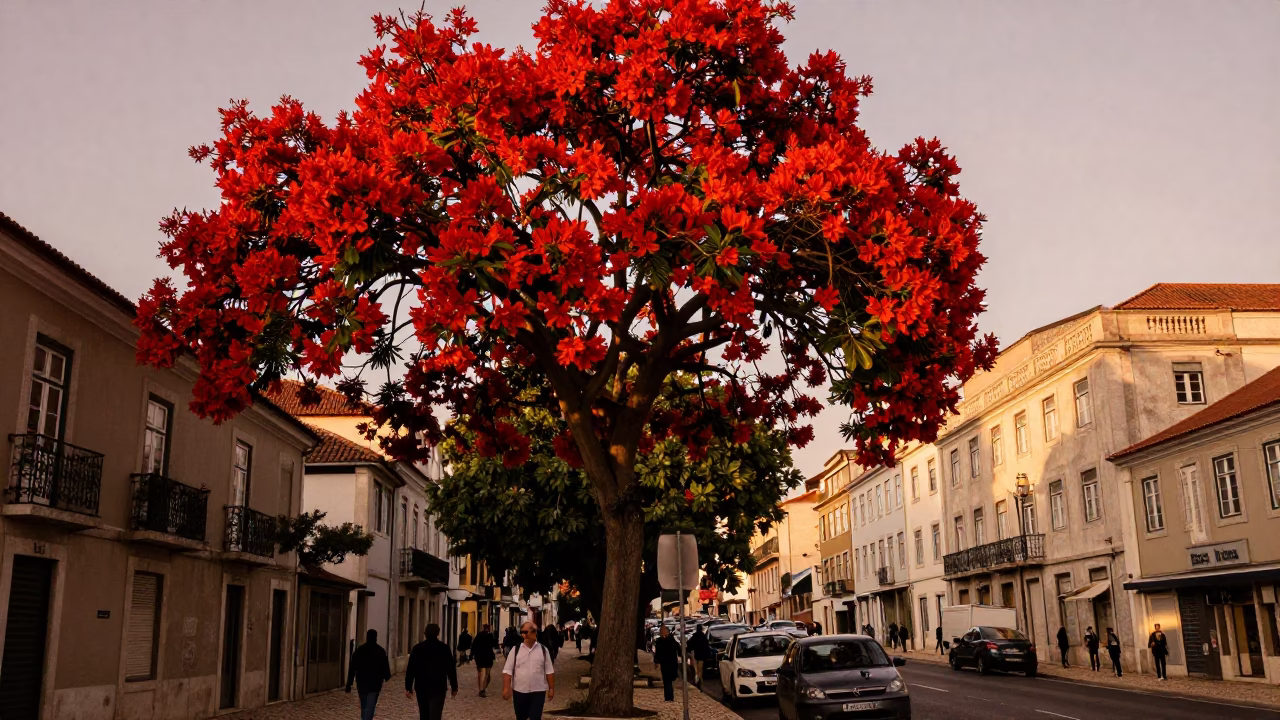 Lisbon Portugal Street Scene with Flame Tree in Copper Toned Light Before Dusk in in Lisbon, Portugal