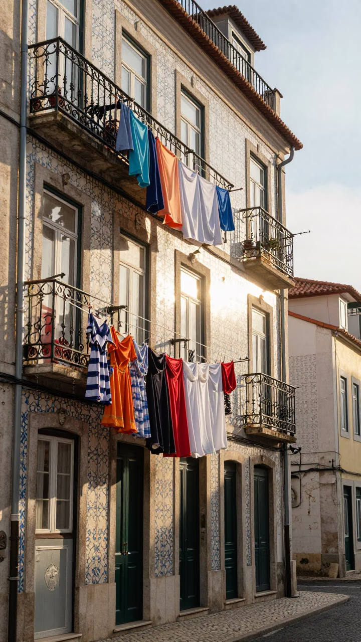 Lisbon Portugal street scene with laundry and morning light in in Lisbon, Portugal
