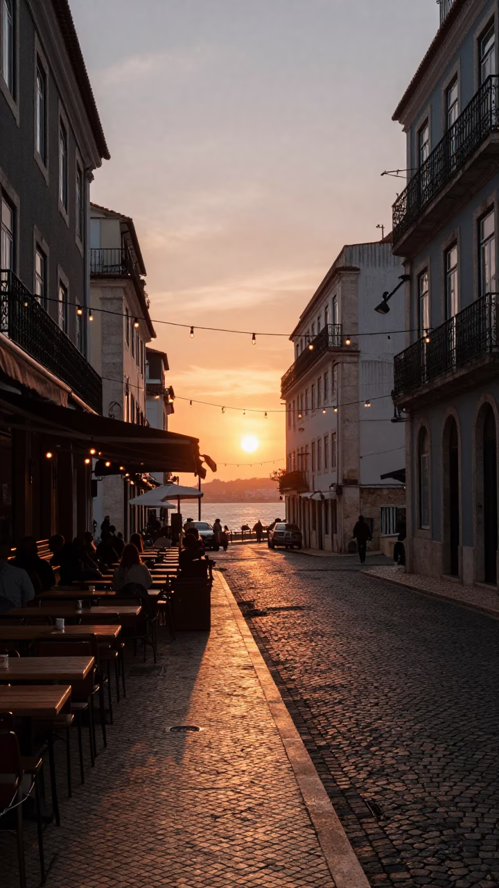 Lisbon Portugal Sunset Street Scene with String Lights and Local Activity in in Lisbon, Portugal