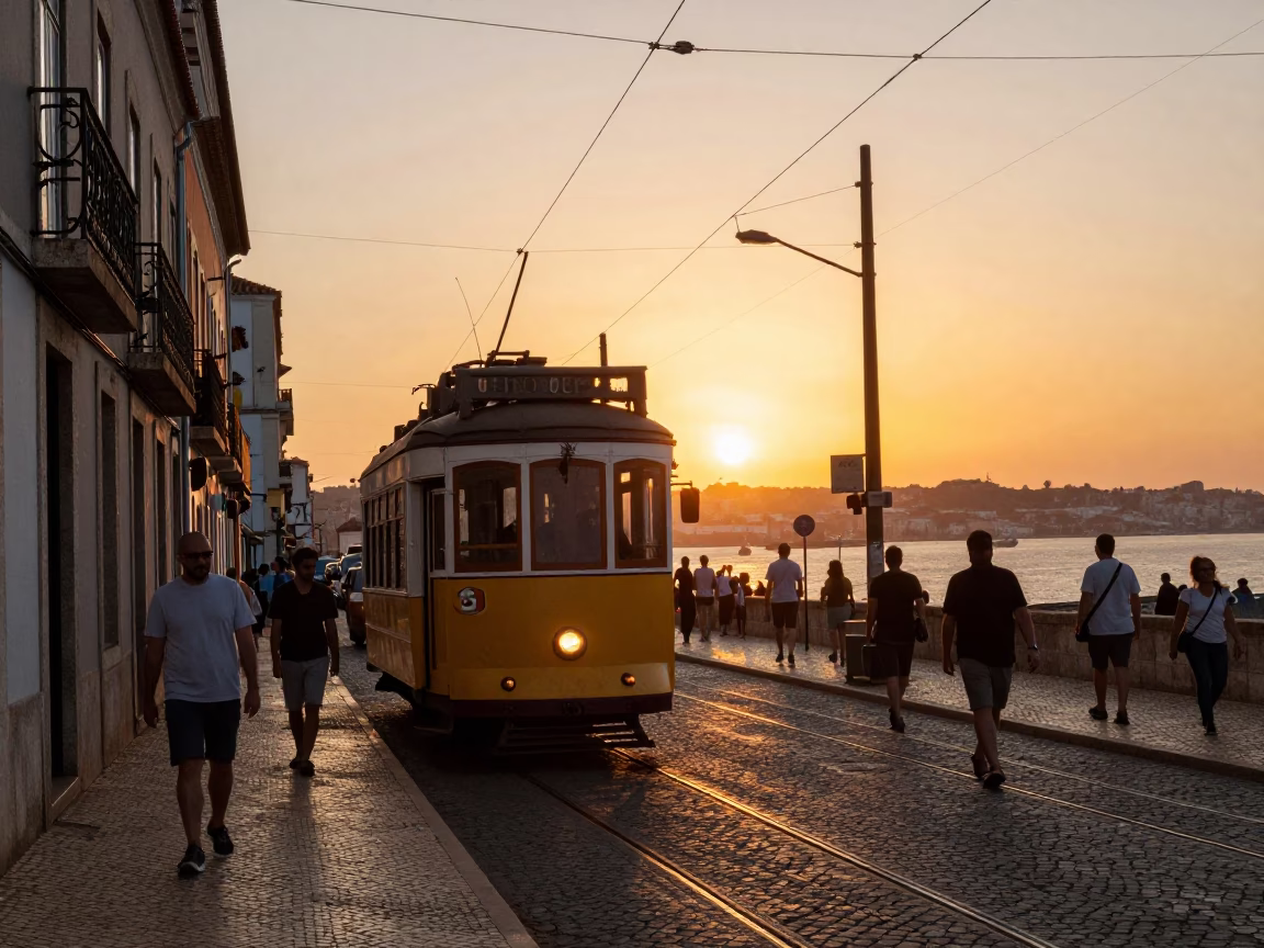 Lisbon Portugal Sunset Street Scene with Traditional Tram and Local Interaction in in Lisbon, Portugal