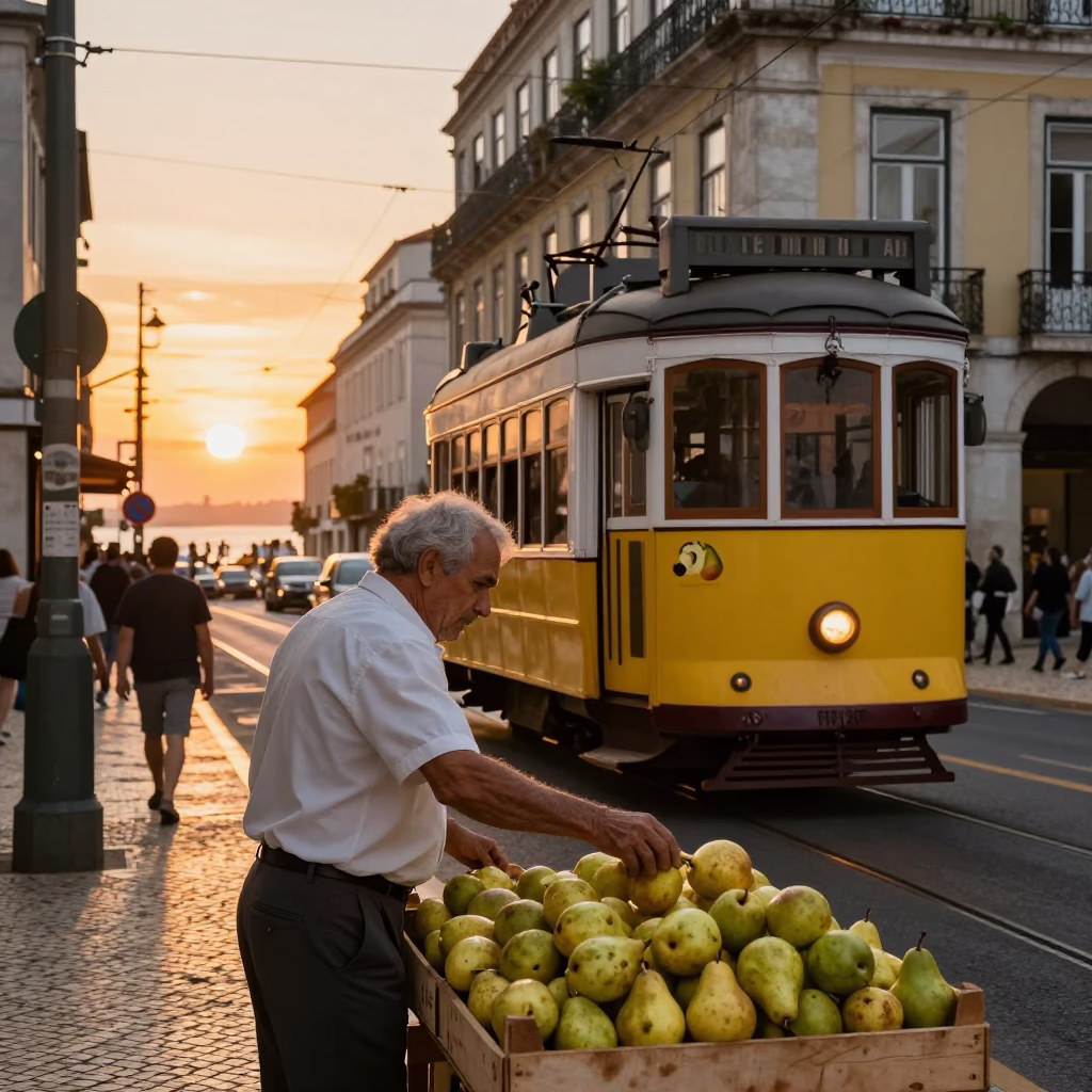 Lisbon Portugal Sunset Street Scene with Traditional Tram and Pears on Market Stall in in Lisbon, Portugal