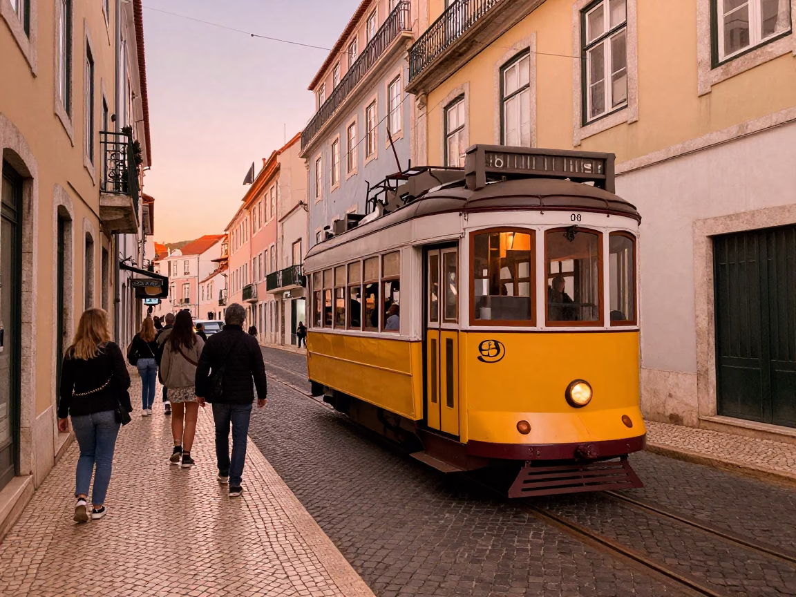 Lisbon Portugal Tram 28 Copper Light Dusk Crowd Commuters in in Lisbon, Portugal
