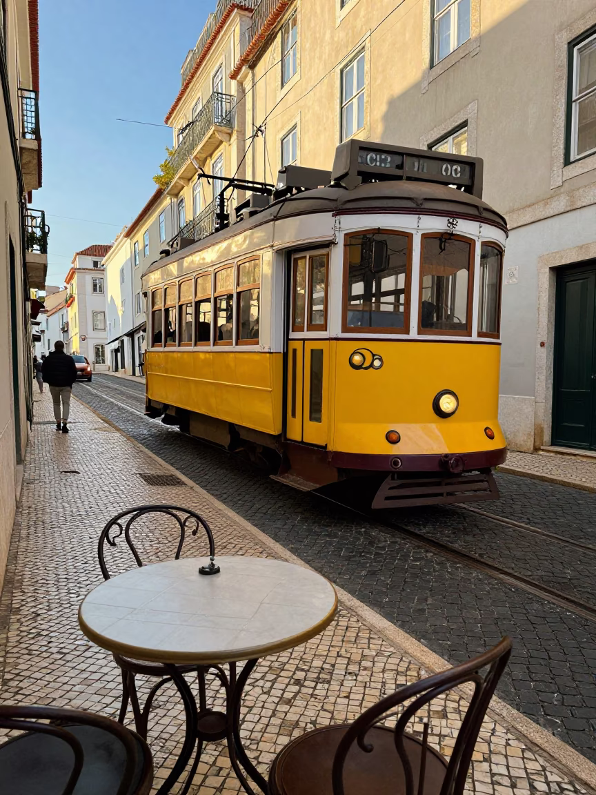Lisbon Portugal Tram 28 Passes Traditional Tiled Cafe Terrace in Late Afternoon Sun in in Lisbon, Portugal
