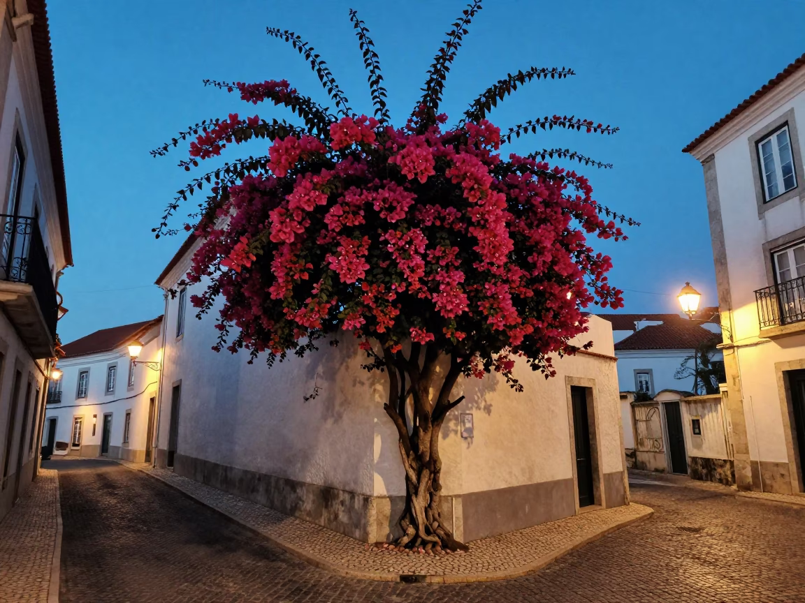 Lisbon Portugal Twilight Street Scene with Bougainvillea and Traditional Architecture in in Lisbon, Portugal