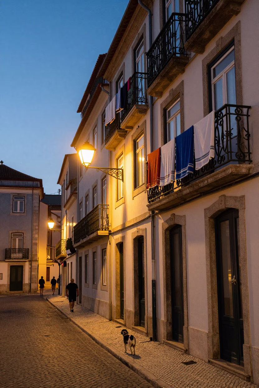 Lisbon Portugal Twilight Street Scene with Drying Towels and Dog in in Lisbon, Portugal