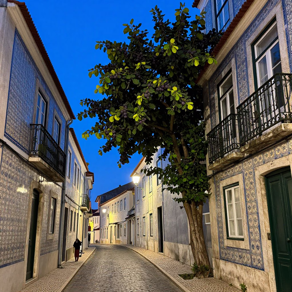 Lisbon Portugal Twilight Street Scene with Fig Tree and Vintage Bicycle in in Lisbon, Portugal