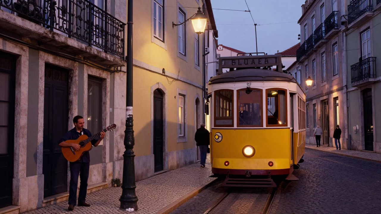 Lisbon Portugal Twilight Street Scene with Tram and Fado Guitarist Under Indigo Sky in in Lisbon, Portugal