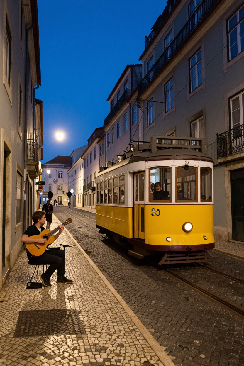 Lisbon Portugal Twilight Street Scene with Tram and Fado Guitarist in in Lisbon, Portugal