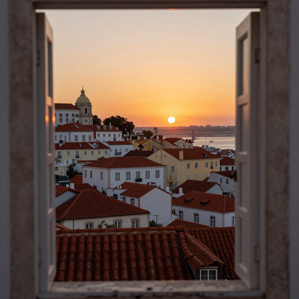 Lisbon Portugal Twilight View of Historic Alfama District and Tagus River Horizon in in Lisbon, Portugal