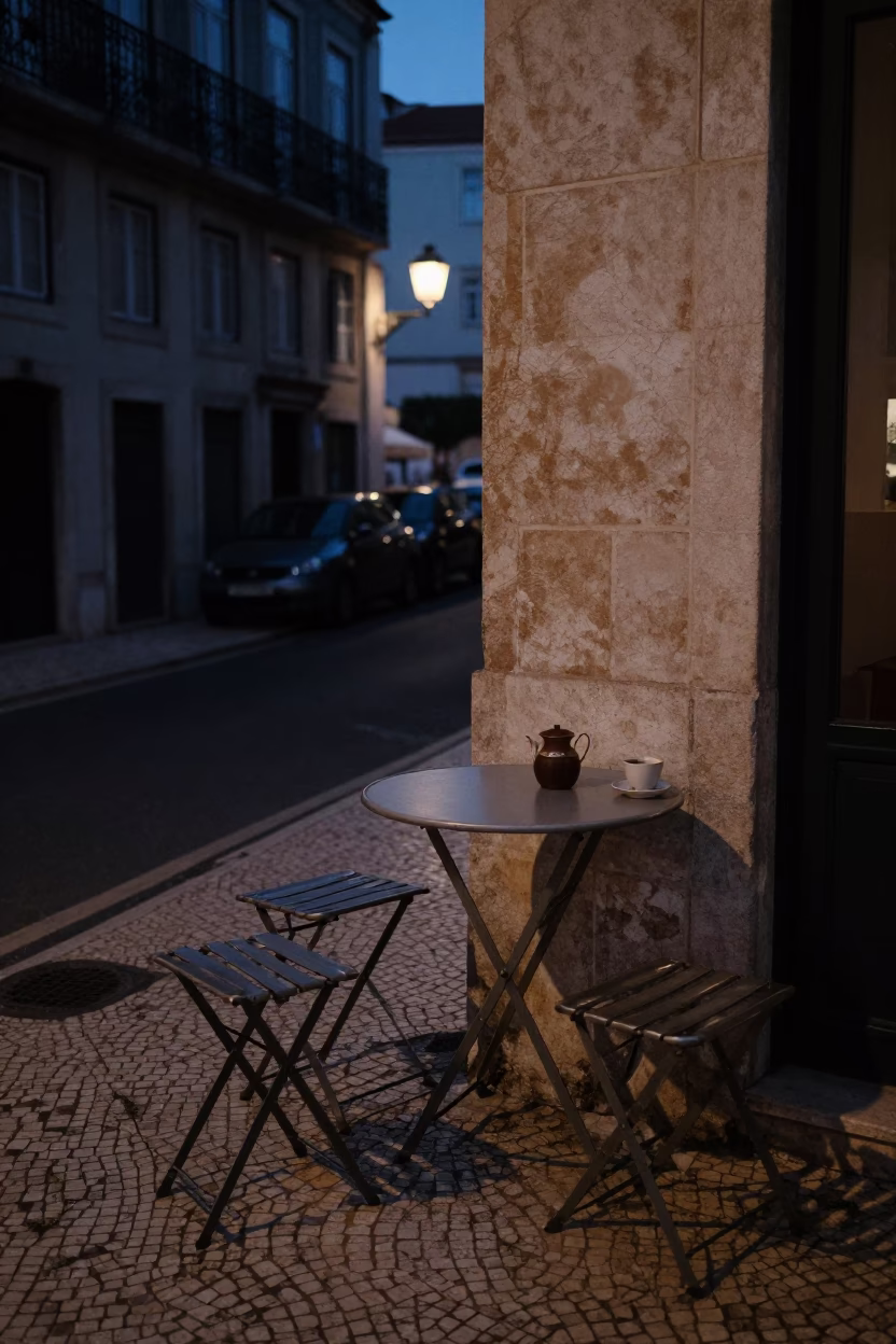 Lisbon Predawn Street Scene with Folding Stools and Tea Stains in in Lisbon, Portugal