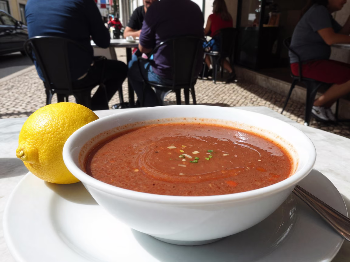 Lisbon Street Cafe Midday Scene with Harira Soup and Lemons in in Lisbon, Portugal