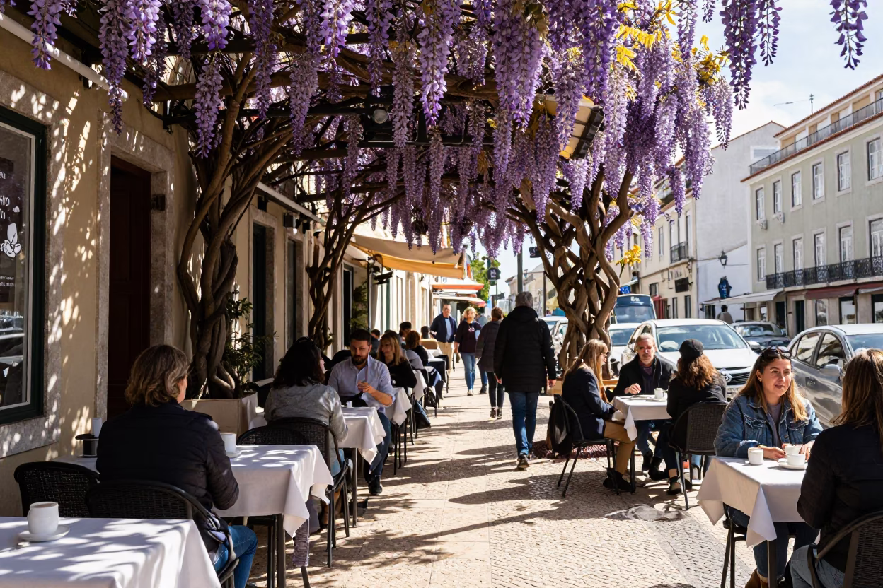 Lisbon Street Cafe Morning with Wisteria and Coffee Culture in in Lisbon, Portugal