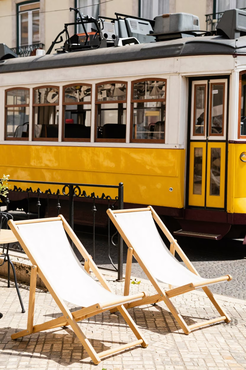 Lisbon Street Cafe Terrace with Deck Chairs and Yellow Tram in Bright Morning Light in in Lisbon, Portugal