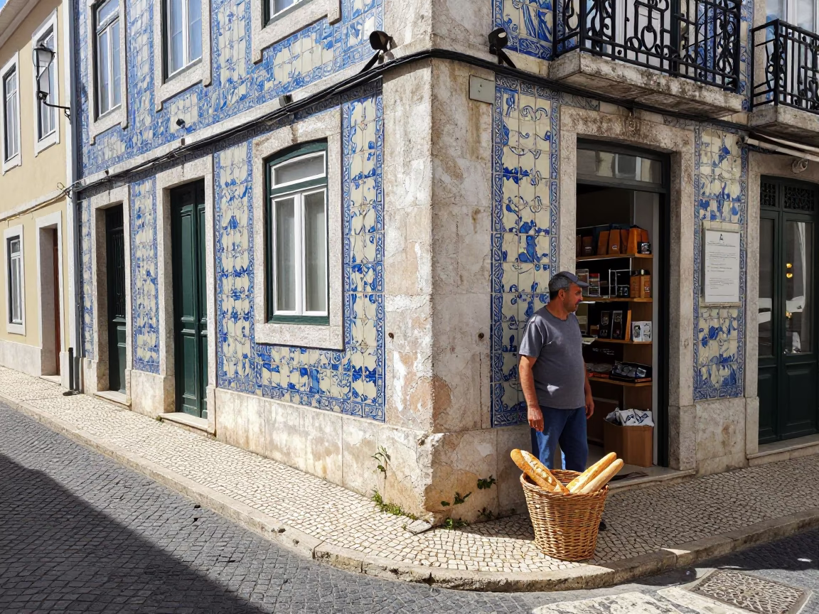 Lisbon Street Corner at Flat Noon Light in in Lisbon, Portugal
