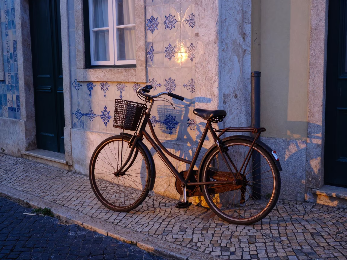 Lisbon Street Corner Before Sunrise with Vintage Bicycle and Clay Pot in in Lisbon, Portugal
