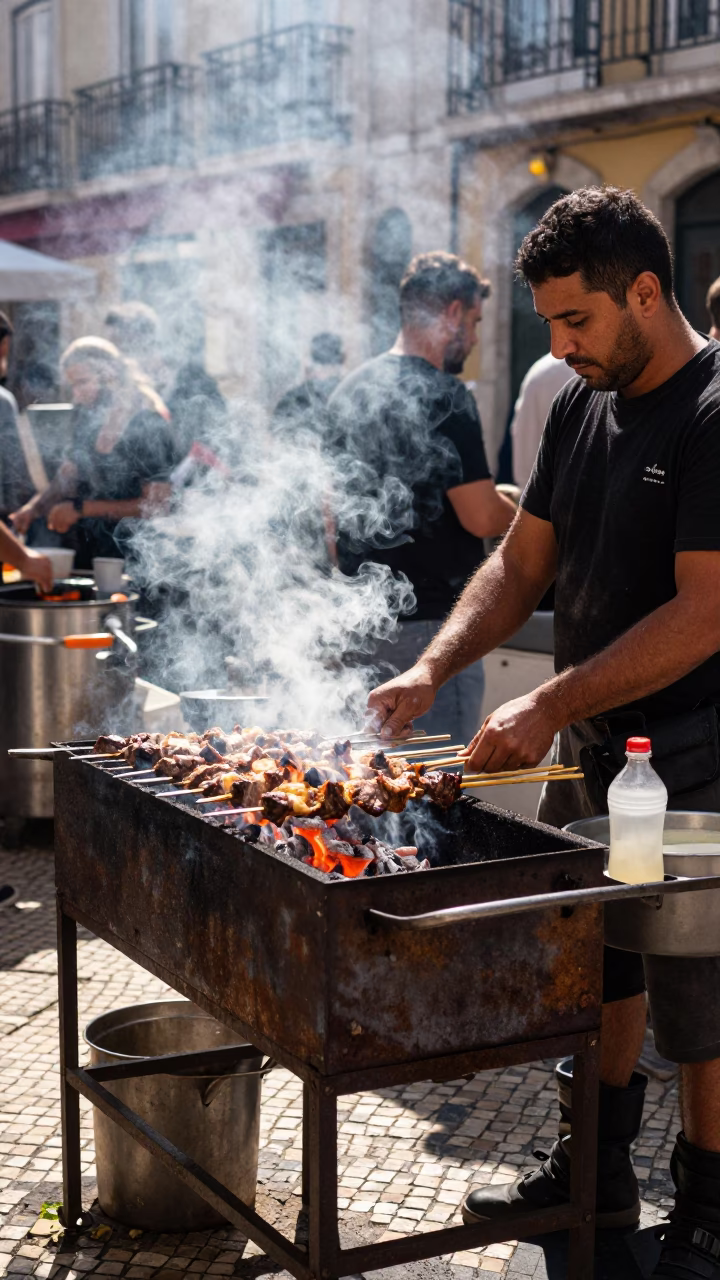 Lisbon Street Food Stall Grilling Kebabs Over Coals Under Noon Sun in in Lisbon, Portugal