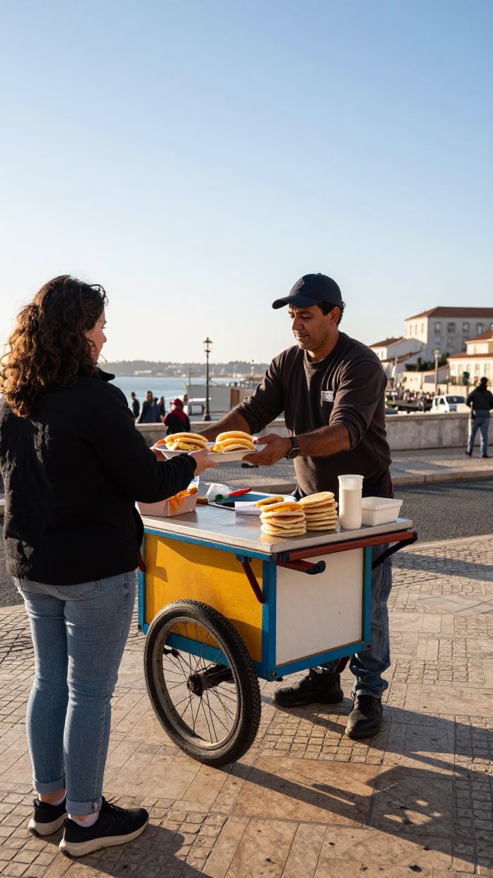 Lisbon Street Food Vendor Serving Arepas With Cheese In Late Afternoon Light in in Lisbon, Portugal