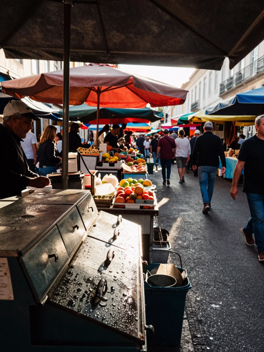 Lisbon Street Market Late Morning Colorful Busy Scene with Apron and Condensation in in Lisbon, Portugal