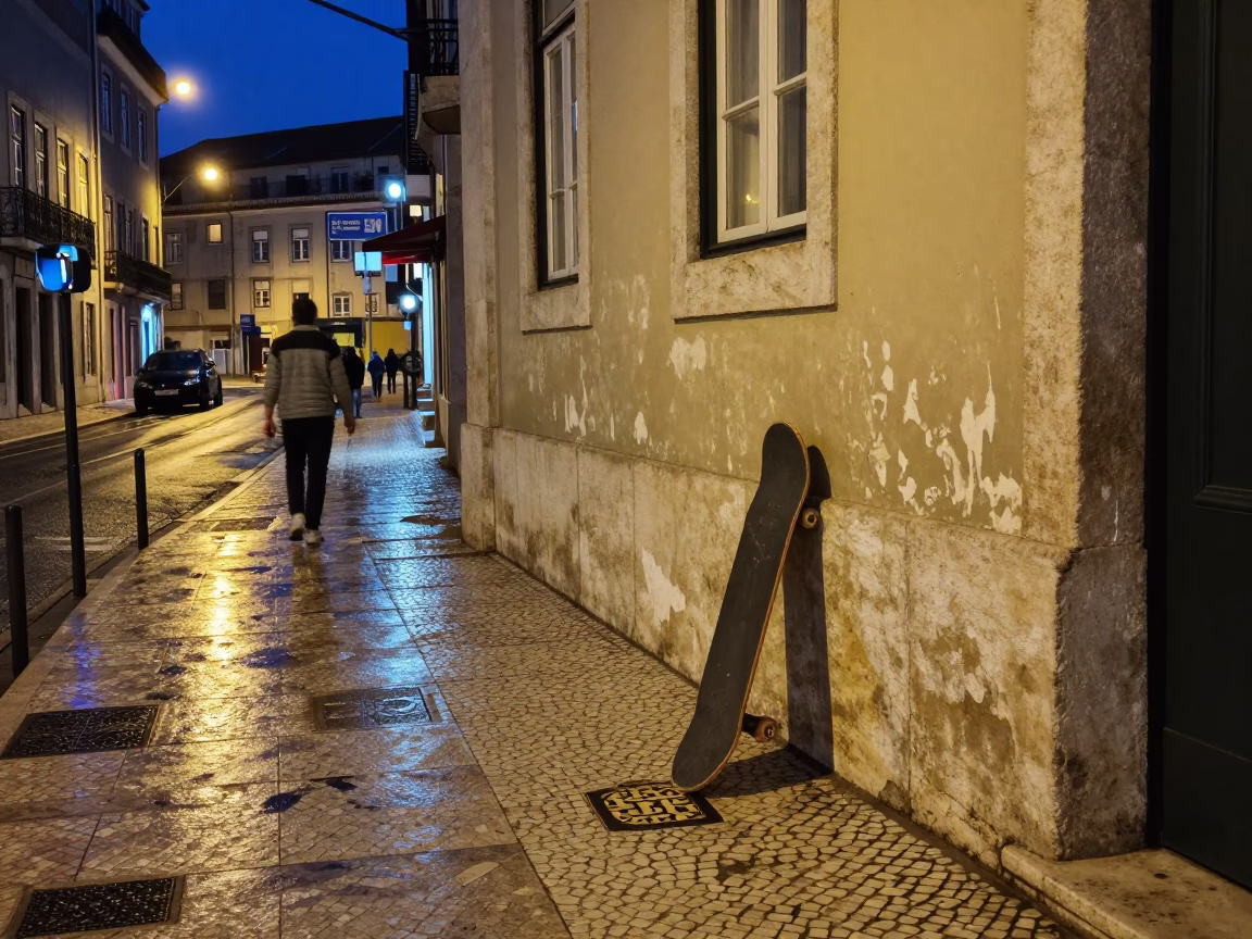 Lisbon street scene after dark with mixed city light and local details in in Lisbon, Portugal