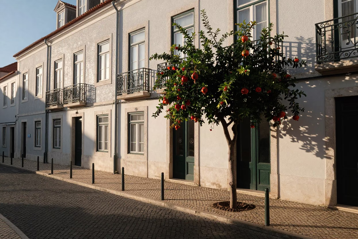 Lisbon Street Scene at As First Light Reaches The Scene in in Lisbon, Portugal