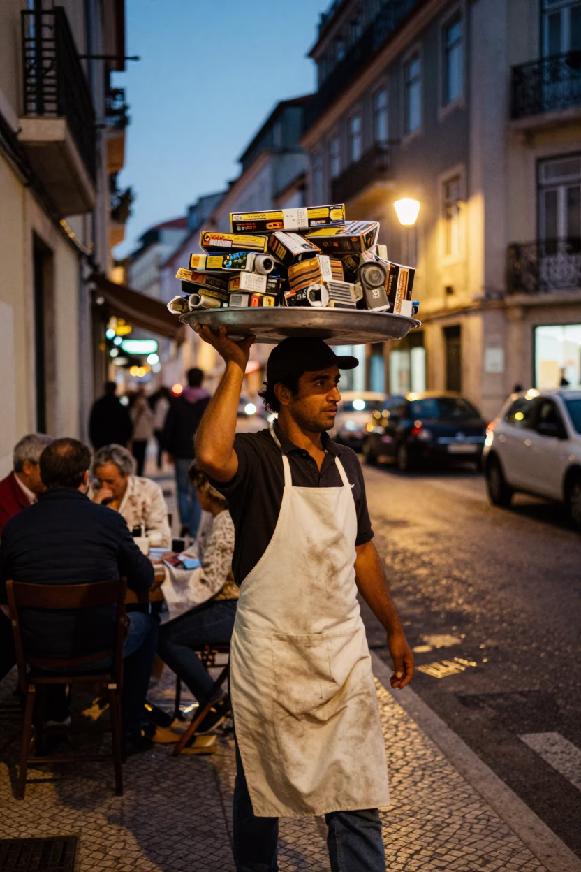 Lisbon Street Scene at Dusk with Apron and Tray of Golden Coxinhas in in Lisbon, Portugal