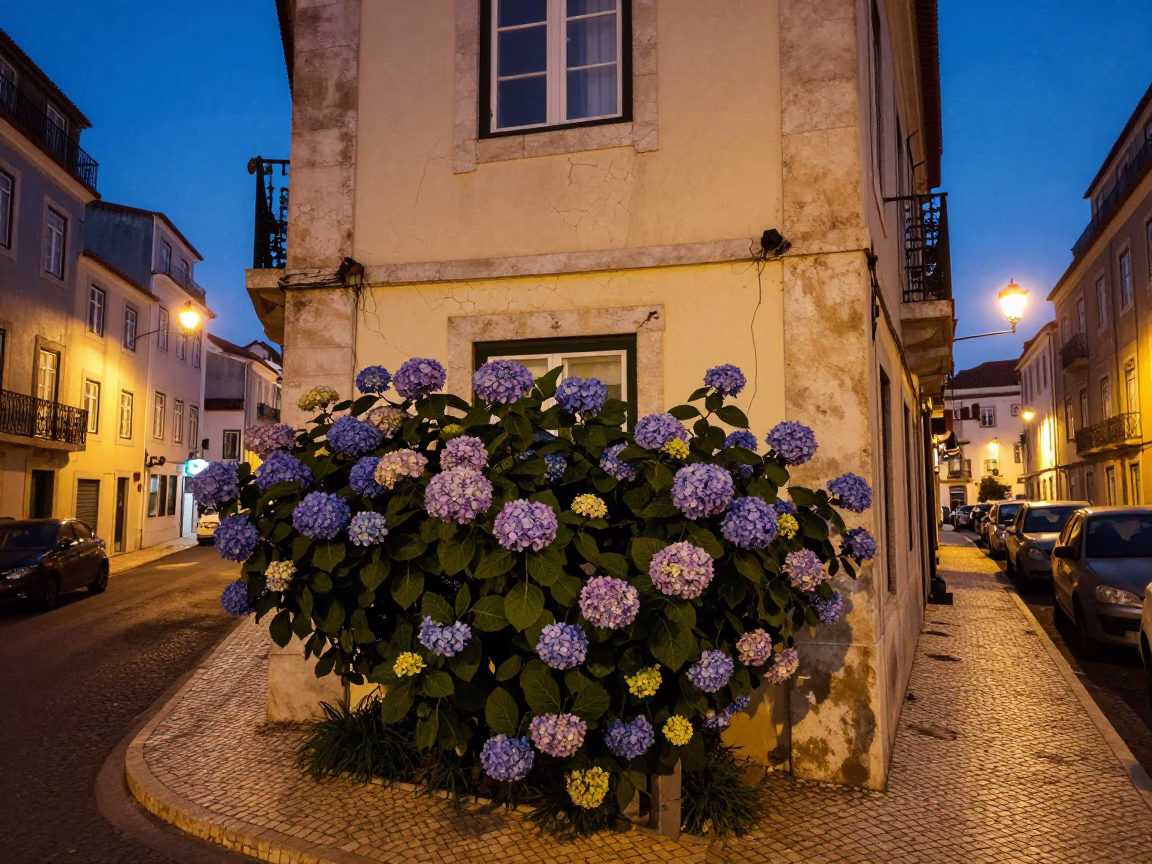 Lisbon street scene at dusk with hydrangeas and traditional tiles in in Lisbon, Portugal
