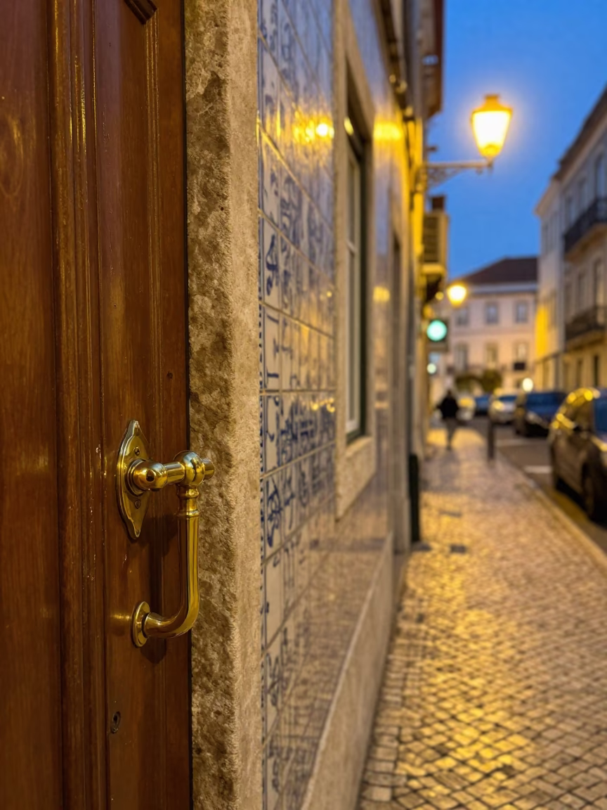 Lisbon Street Scene at Dusk with Polished Brass Handle and Twine Fibers on Tile in in Lisbon, Portugal