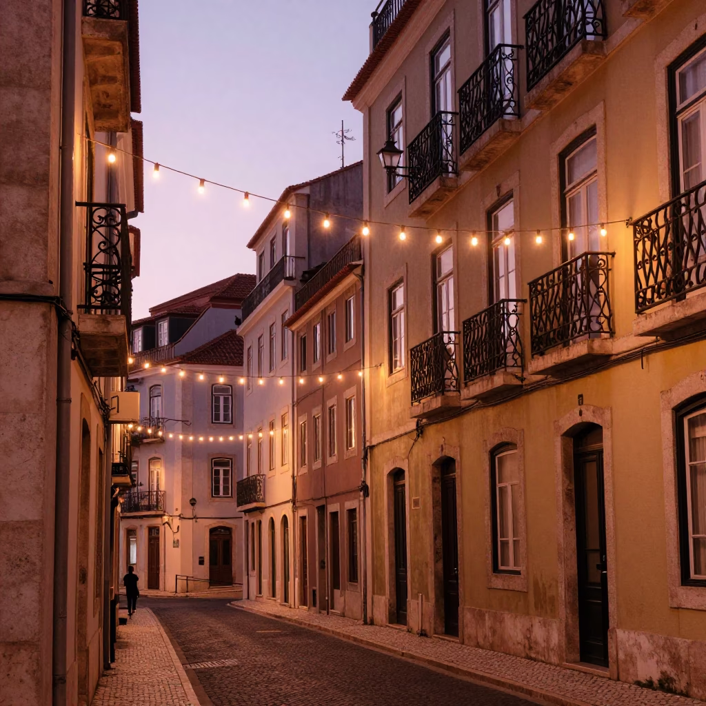 Lisbon Street Scene at Dusk with String Lights and Condensation on Hinge in in Lisbon, Portugal