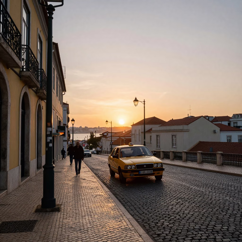 Lisbon Street Scene at Sunset with Yellow Taxi and Bougainvillea in Portugal in in Lisbon, Portugal