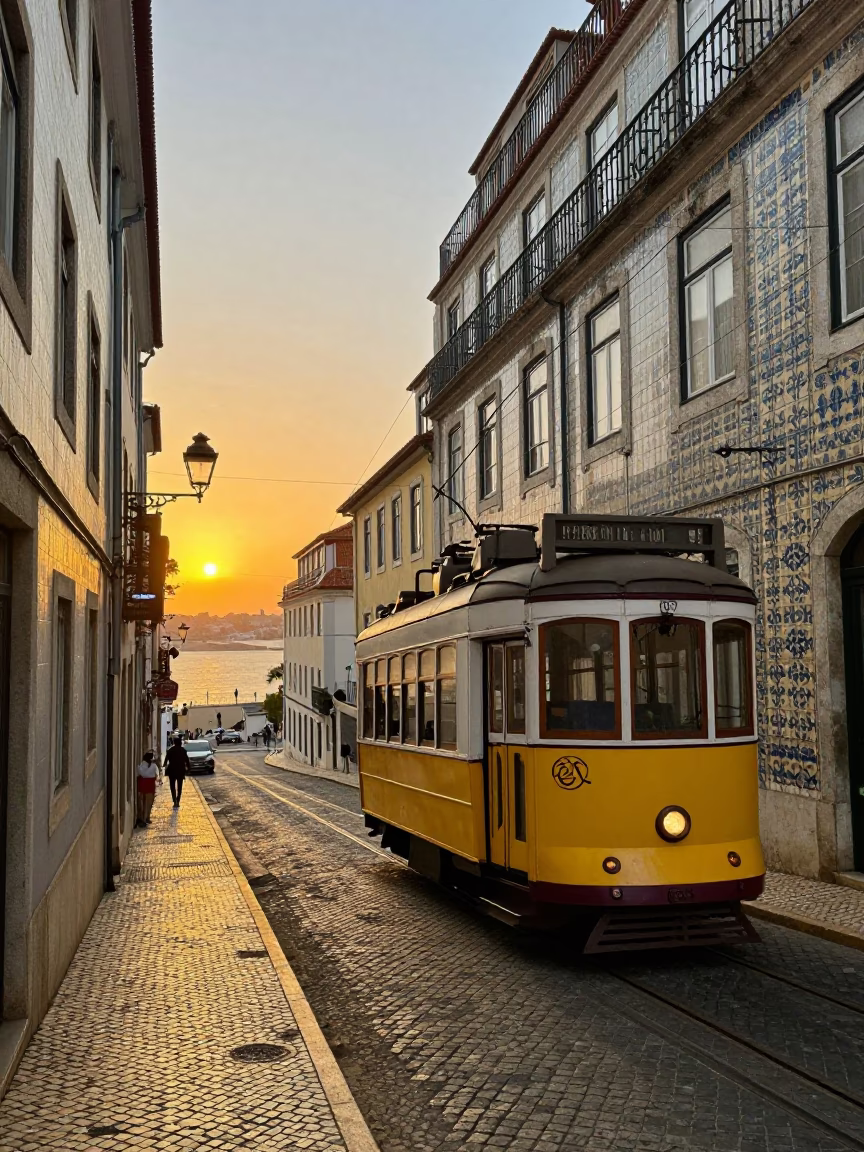 Lisbon street scene at sunset with yellow tram and tiled buildings in in Lisbon, Portugal