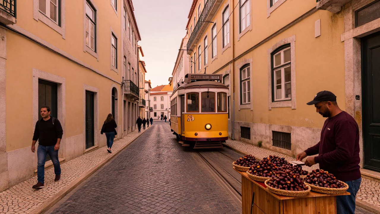 Lisbon Street Scene Before Dusk with Trolley, Dates, and Traditional Architecture in in Lisbon, Portugal