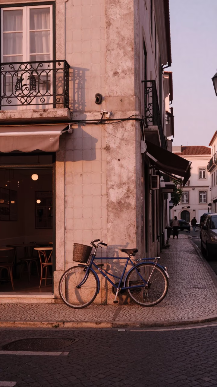 Lisbon Street Scene in Copper Toned Light Before Dusk with Bicycle and Cafe in in Lisbon, Portugal