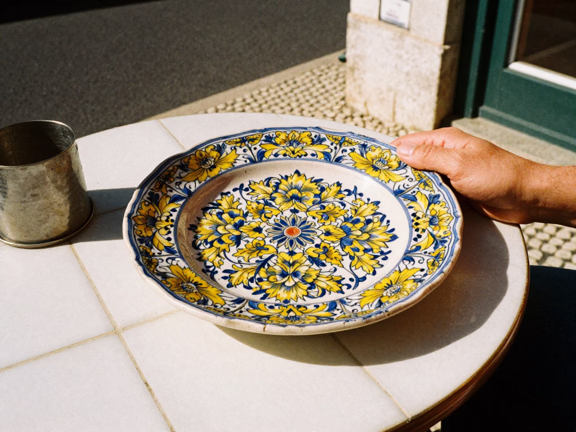 Lisbon Street Scene Late Afternoon Sunlight Vintage Majolica Plate Cafe Terrace in in Lisbon, Portugal