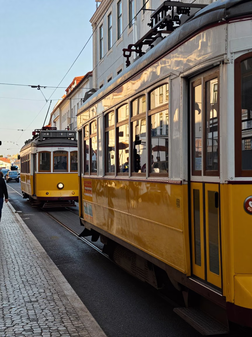 Lisbon Street Scene Late Morning with Yellow Monorail Reflection in Glass Facade in in Lisbon, Portugal