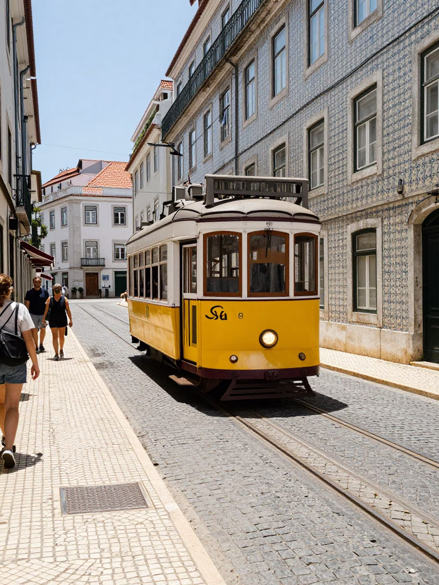 Lisbon street scene midday with yellow tram and azulejo tiles in in Lisbon, Portugal