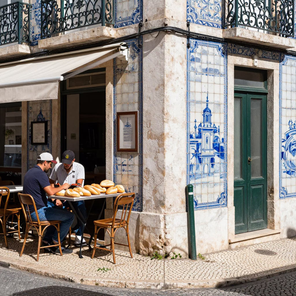 Lisbon Street Scene Midmorning Light with Traditional Azulejo Tiles and Local Cafe Elements in in Lisbon, Portugal