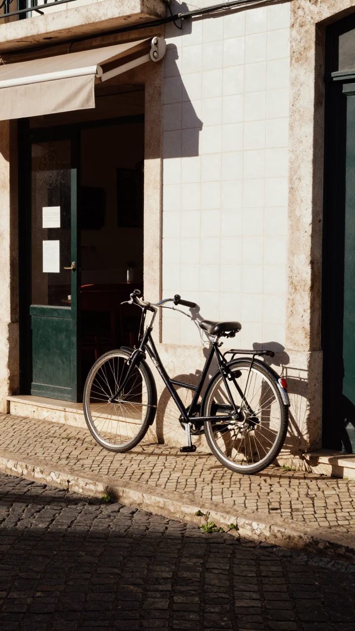 Lisbon street scene with bicycle leaning against cafe in late afternoon light in in Lisbon, Portugal
