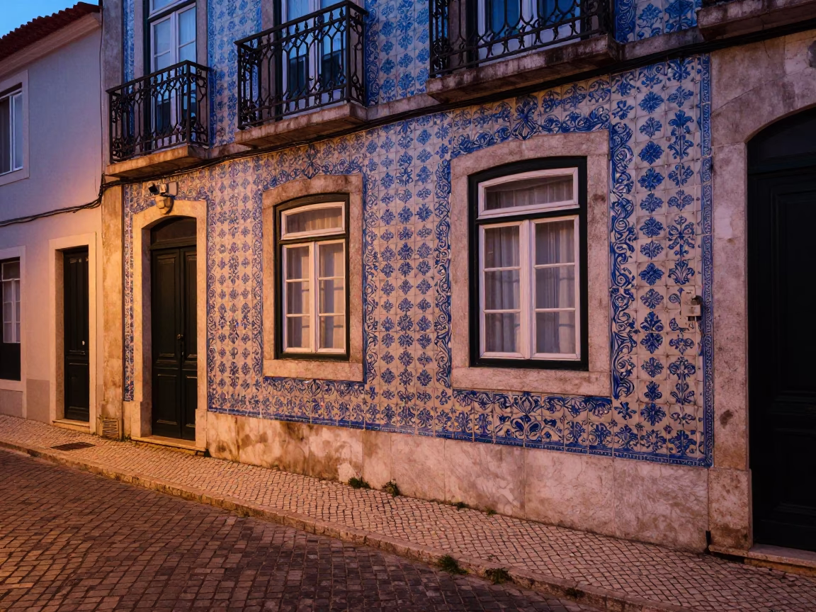 Lisbon street scene with blue azulejo tiles and traditional tram in copper dusk light in in Lisbon, Portugal