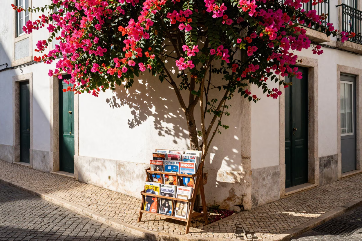 Lisbon Street Scene with Bougainvillea and Magazine Rack in Late Afternoon Light in in Lisbon, Portugal