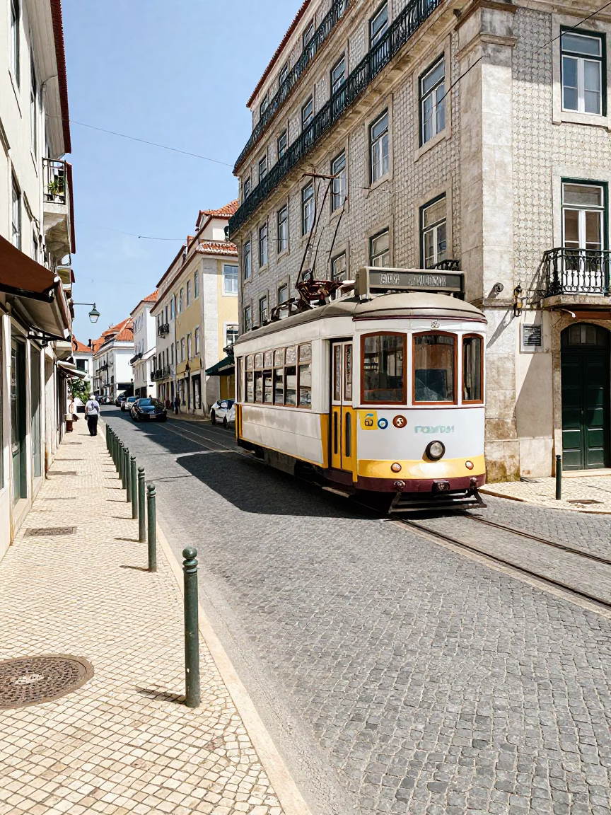 Lisbon Street Scene with Monorail and Traditional Tiles in in Lisbon, Portugal