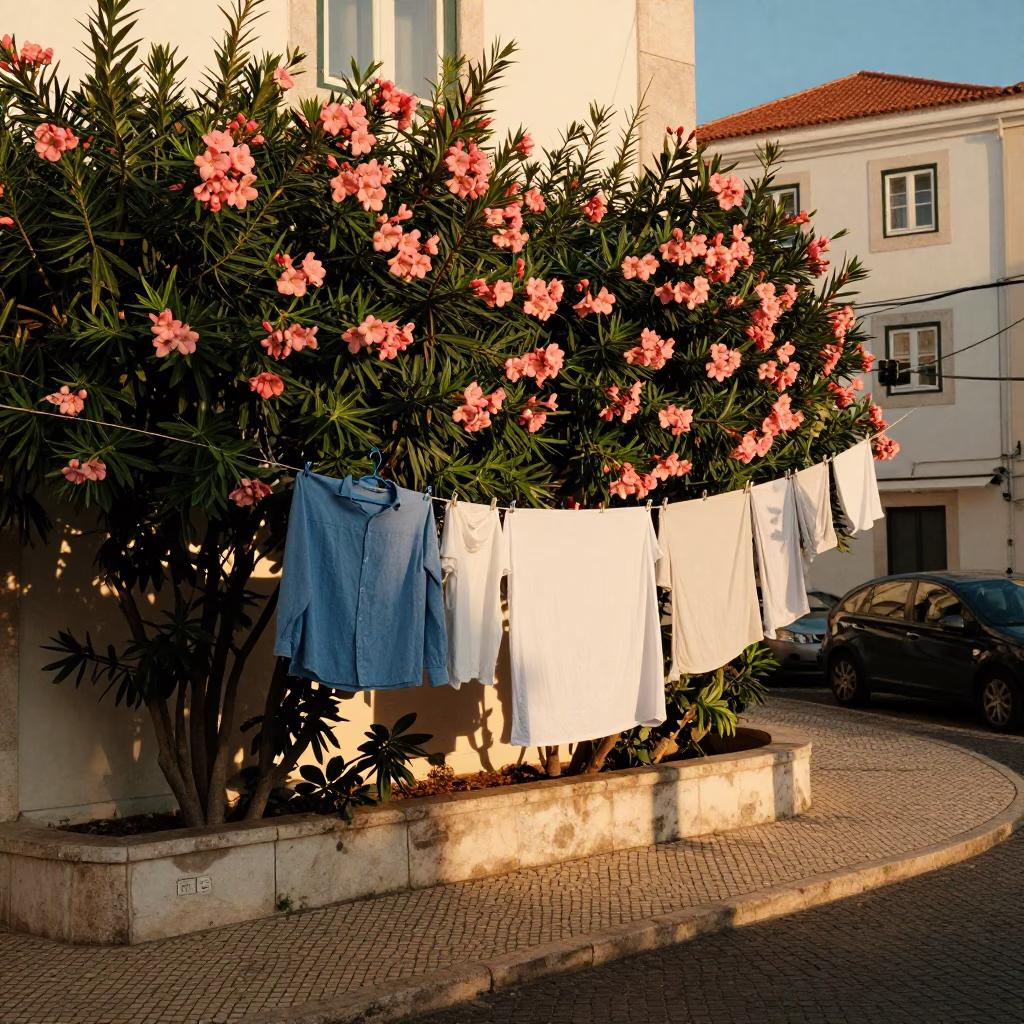 Lisbon Street Scene with Oleander Hedge and Laundry in Honeyed Evening Light in in Lisbon, Portugal
