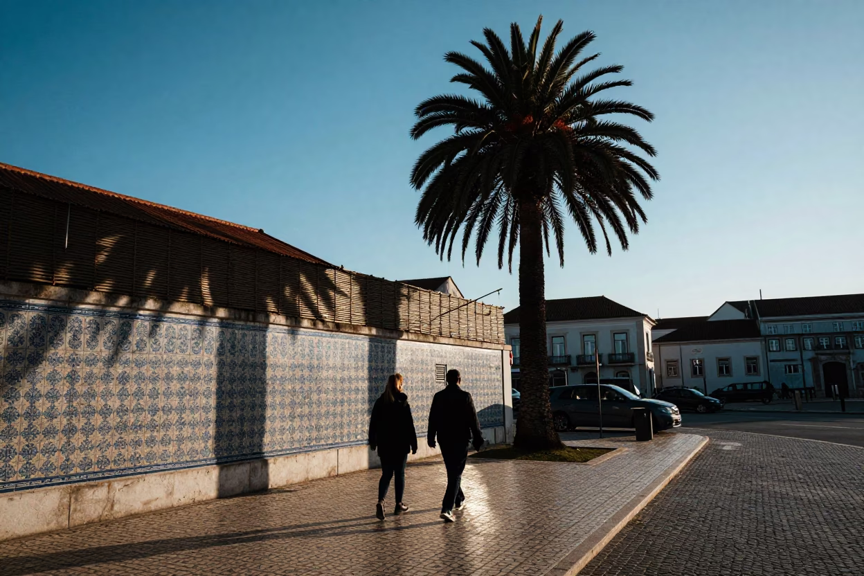 Lisbon Street Scene with Palm Tree Silhouette and Wicker Shadow on Tile Grout in in Lisbon, Portugal