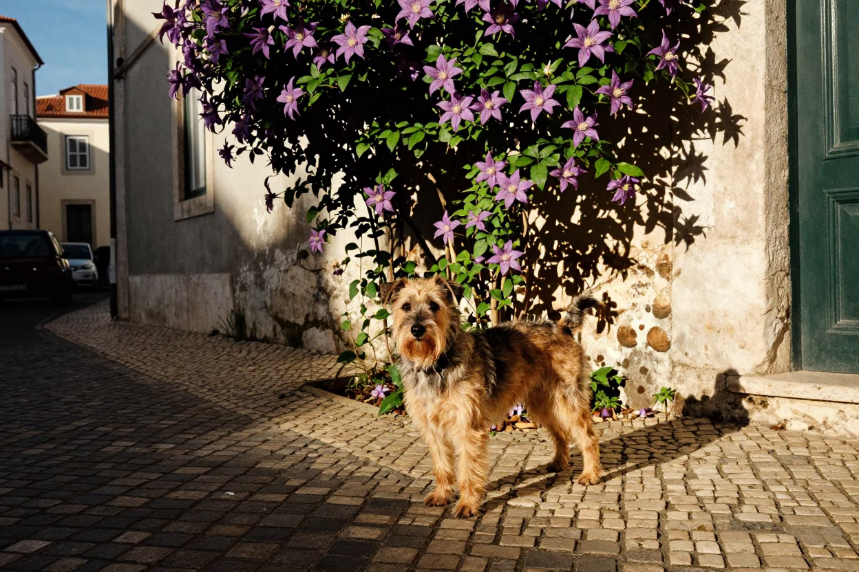 Lisbon Street Scene with Portuguese Podengo Pequeno and Clematis Vine in Late Afternoon Light in in Lisbon, Portugal