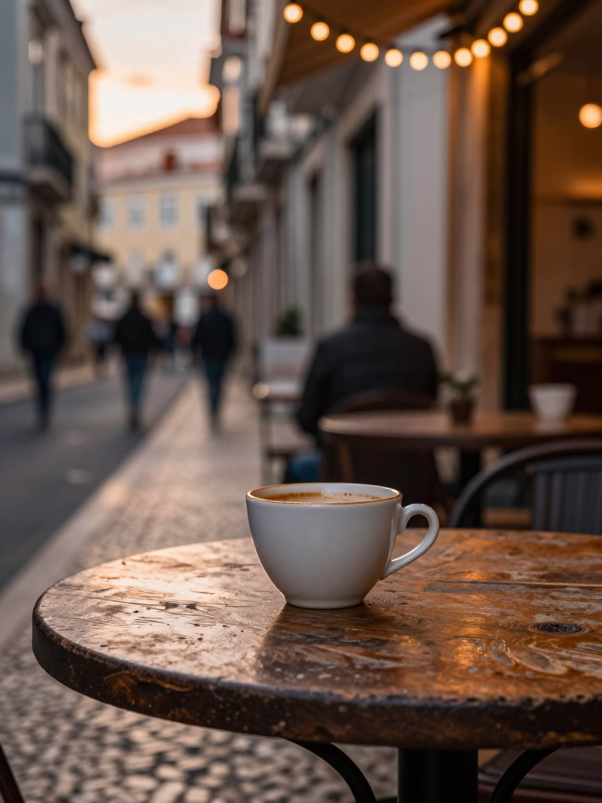 Lisbon street scene with string lights and ceramic cup in copper dusk light in in Lisbon, Portugal